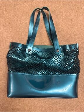 Metallic Teal Laser-Cut Tote Bag with Double Straps